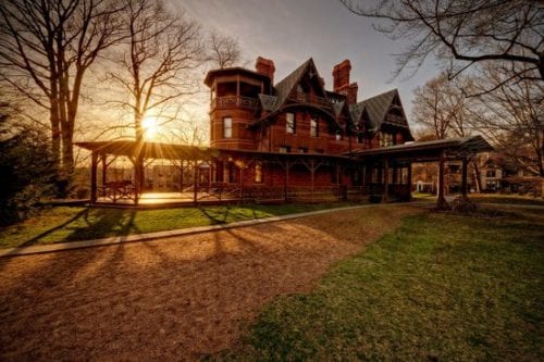 Exterior view of Mark Twain house at sunset in historic Hartford, CT
