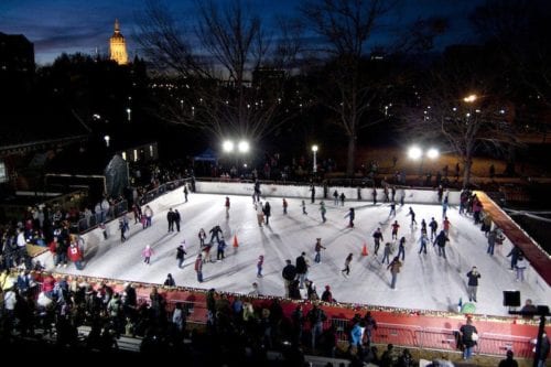 Overhead view of outdoor ice skating rink in downtown Hartford, CT as part of Hartford's Winter Fest