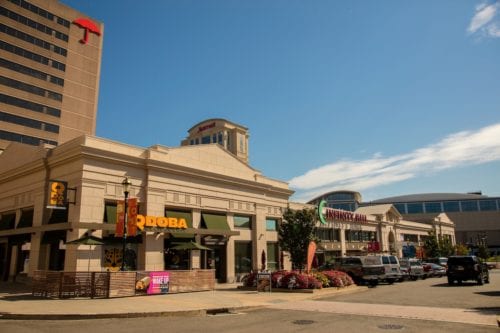 View of shops along Front Street in Hartford, CT